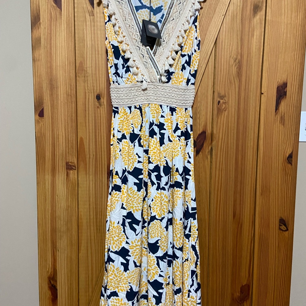 Floral Maxi Dress with Crochet Trim. Made in Italy stretchy waist